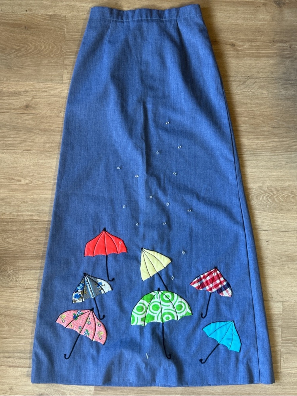 Blue Maxi Skirt with Colorful Umbrella Appliqués